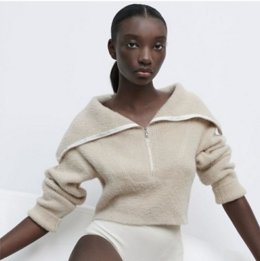 Zara Quarter Zip Beige Crop Sweater Small Soft Cropped Knit Top
